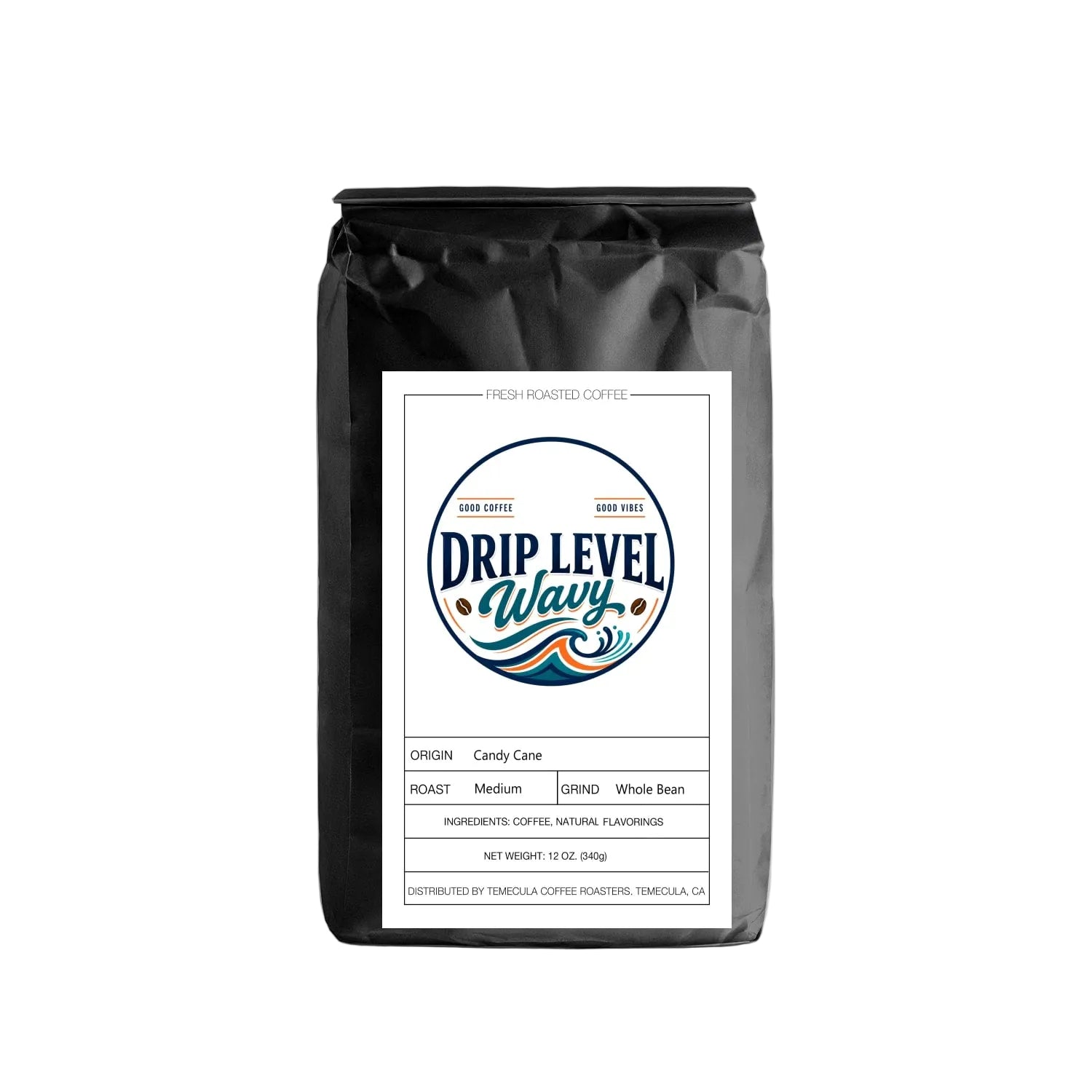 Black coffee bag with Avaris branding on a white background